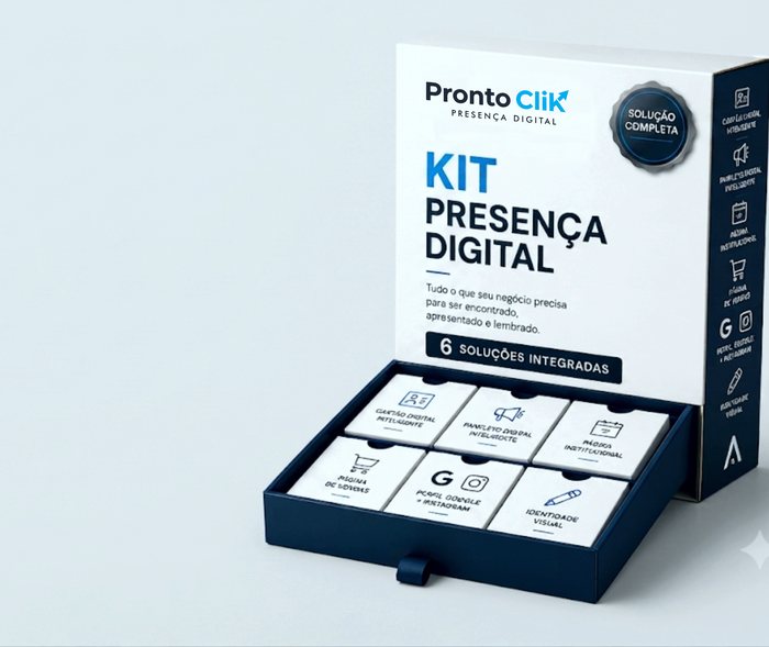 Caixa do Kit Presença Digital da Pronto Clik aberta, com 6 cartões representando cada solução incluída
