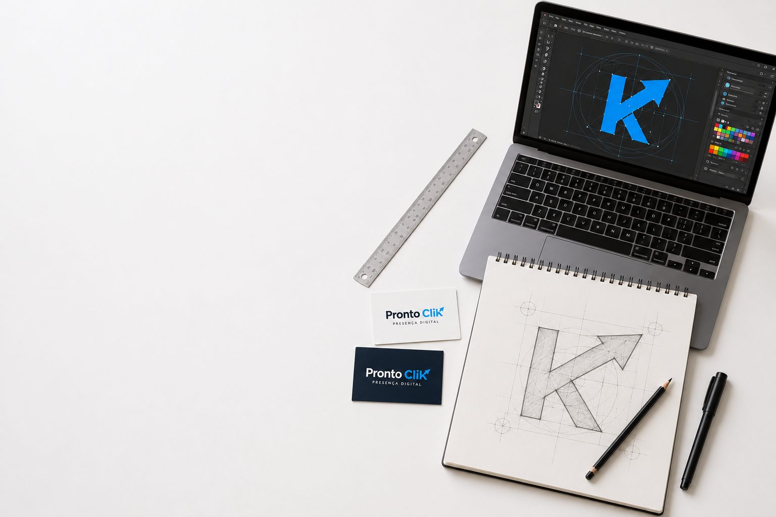 Processo de criação da identidade visual da Pronto Clik: rascunho do símbolo a lápis, refinamento no computador e cartões de visita com o logo aplicado