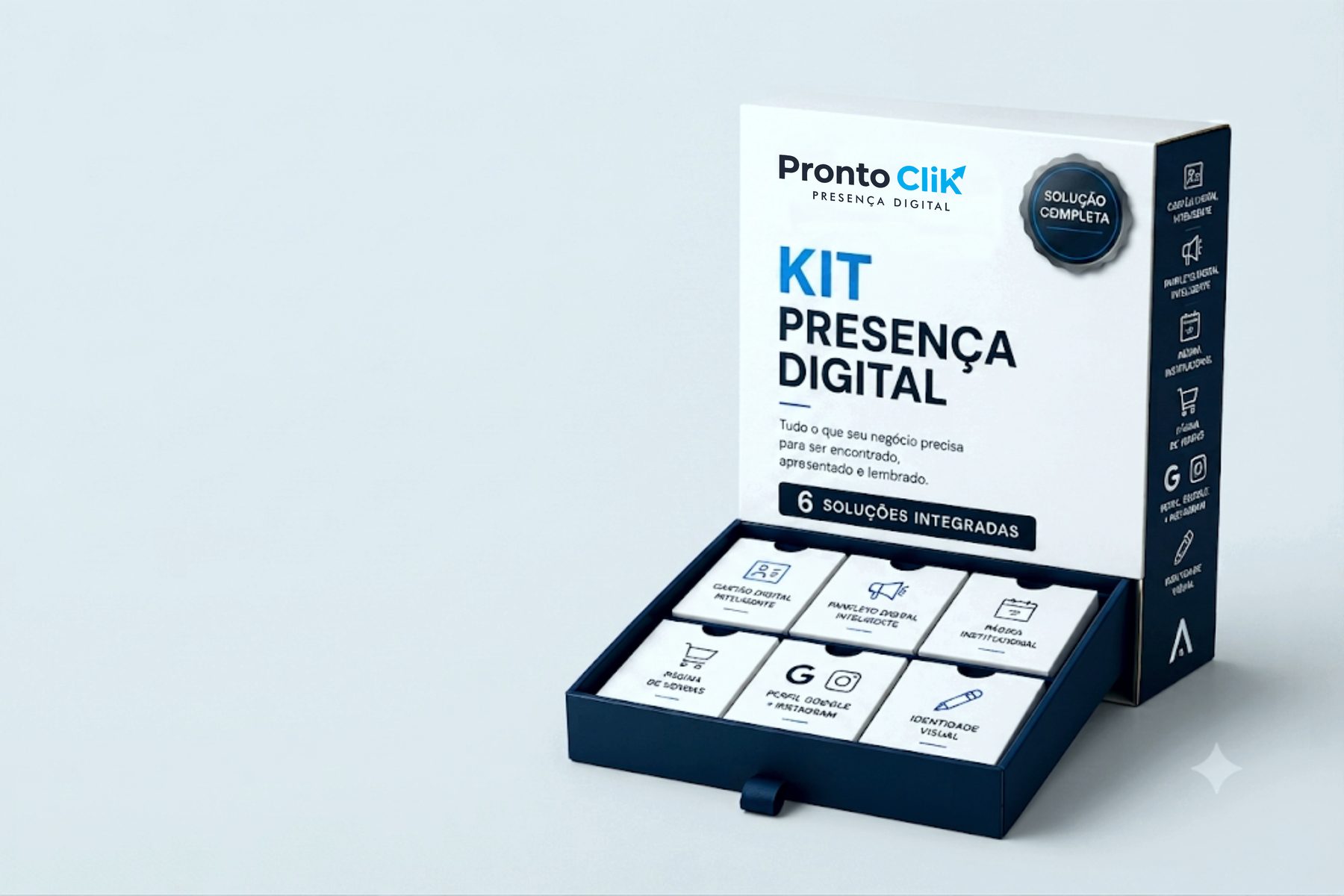Caixa do Kit Presença Digital da Pronto Clik aberta, com 6 cartões representando cada solução incluída no pacote