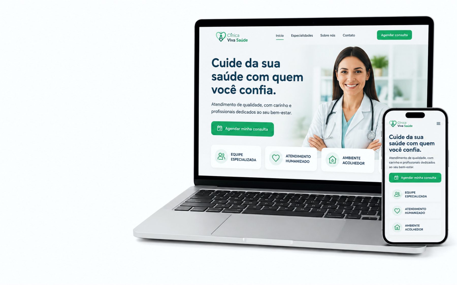 Mockup de Página de Vendas exibida em notebook e celular, com foto de médica e botão de agendar consulta