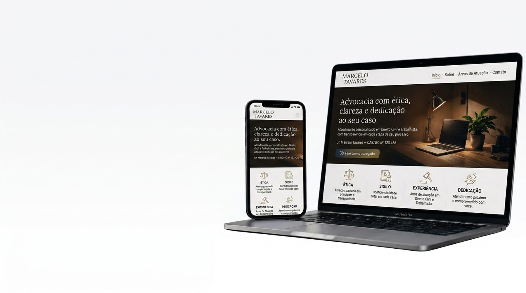 Mockup de Página Institucional exibida em notebook e celular, com foto de advogado e informações de contato profissional