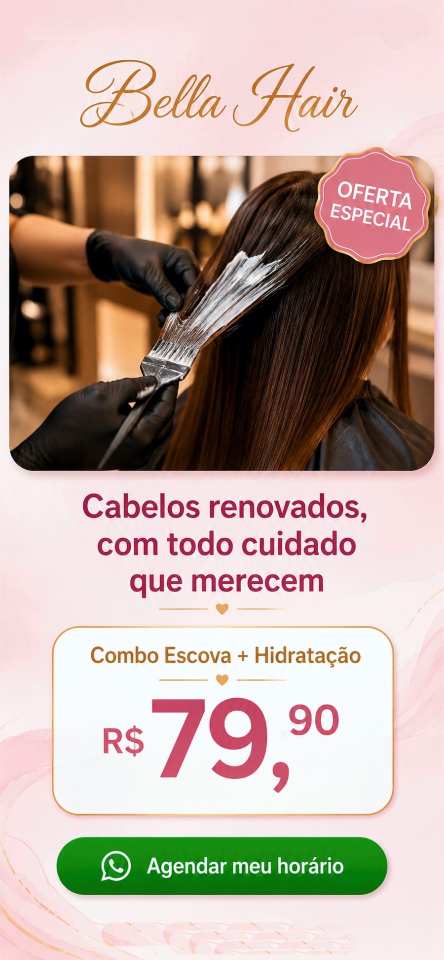 Tela de um Panfleto Digital do salão fictício Bella Hair, com foto do tratamento, oferta em destaque e botão de WhatsApp