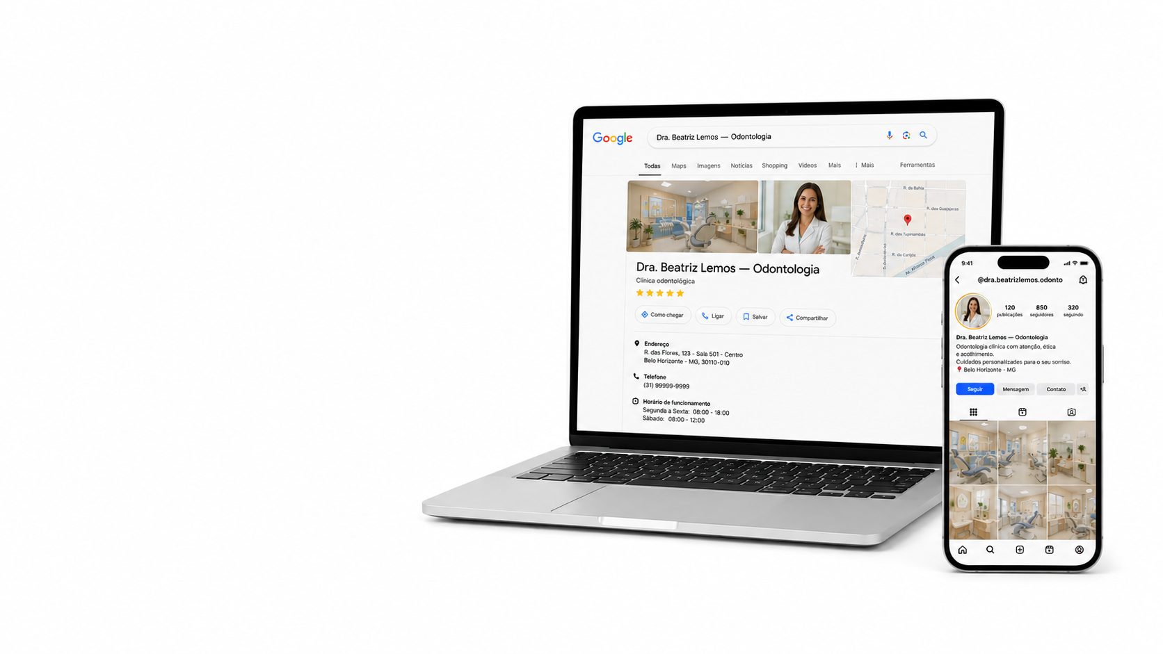 Notebook exibindo o Perfil da Empresa no Google e celular exibindo o Instagram profissional de uma clínica odontológica fictícia